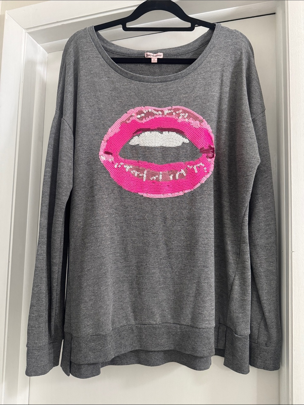 Vintage Y2K Juicy Couture Gray Sweatshirt with Pink Sequin Lip Graphic